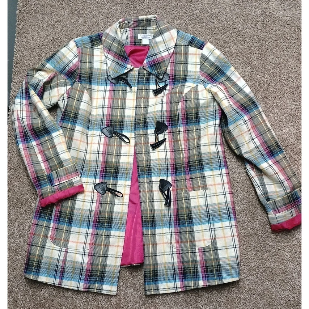 Christopher & Banks White Pink Plaid Jacket Fall Colorful Toggle Size Small